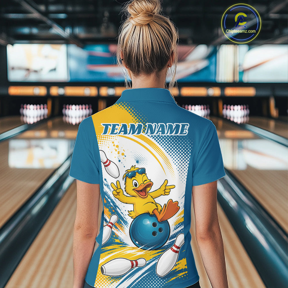Custom Funny Yellow Duck Bowling Team Women Polo Shirt, Playful Bowling Jersey IPHW11859