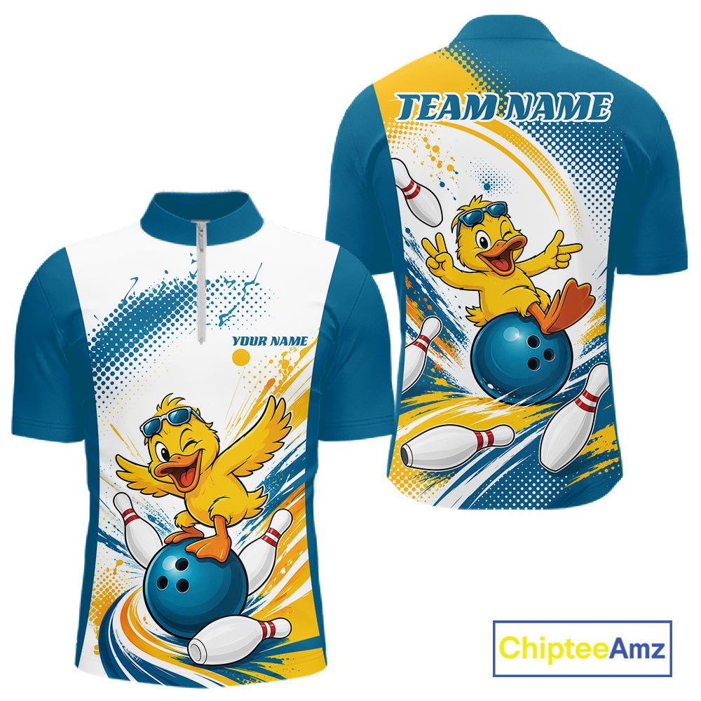 Custom Funny Yellow Duck Bowling Team Men Quarter Zip Shirt, Playful Bowling Jersey IPHW11859