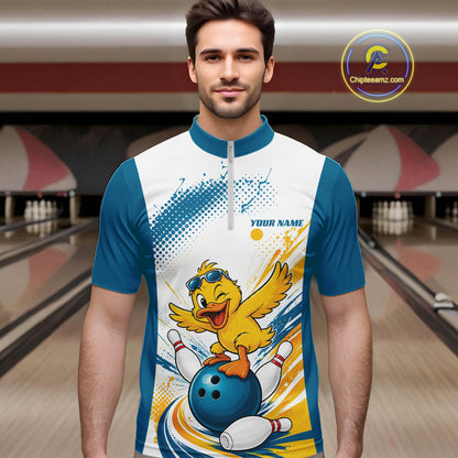 Custom Funny Yellow Duck Bowling Team Men Quarter Zip Shirt, Playful Bowling Jersey IPHW11859
