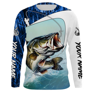 Personalized Largemouth Bass Long Sleeve Tournament Fishing Shirts, Bass Fishing Jerseys | Blue Camo IPHW5761