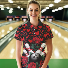 Load image into Gallery viewer, Black And Red Heart Theme Custom Valentines Bowling Polo Shirt For Women, Couple Bowling Shirt IPHW8356