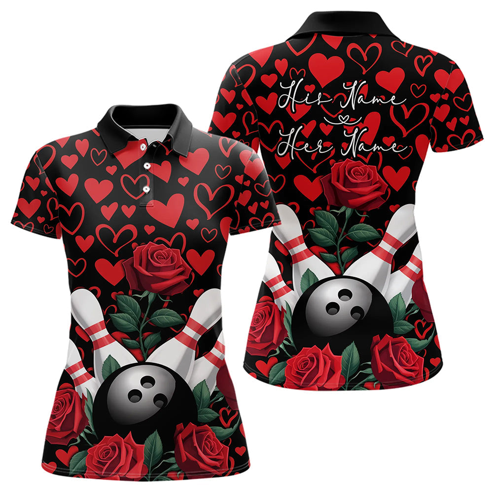 Black And Red Heart Theme Custom Valentines Bowling Polo Shirt For Women, Couple Bowling Shirt IPHW8356