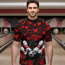 Load image into Gallery viewer, Black And Red Heart Theme Custom Valentines Bowling Quarter-Zip Shirt For Men, Couple Bowling Shirt IPHW8356