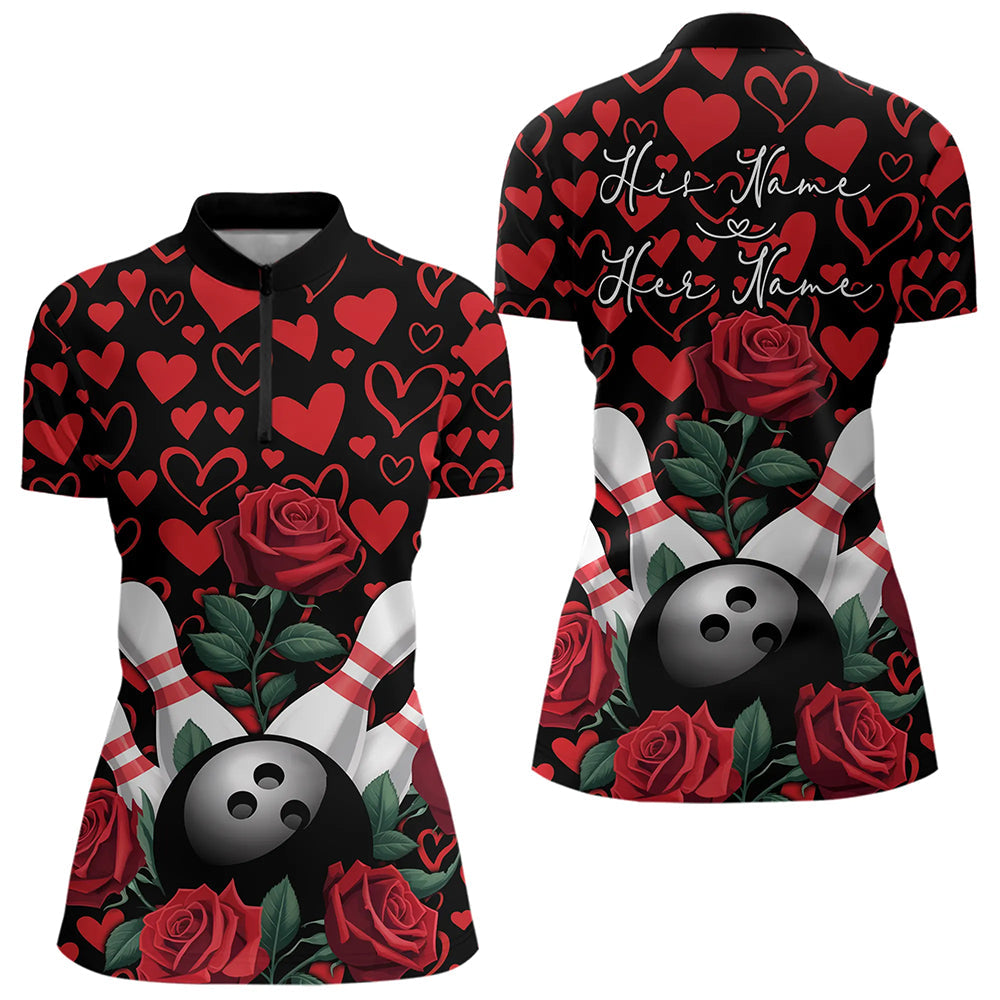 Black And Red Heart Custom Valentines Bowling Quarter-Zip Shirt For Women, Couple Bowling IPHW8356