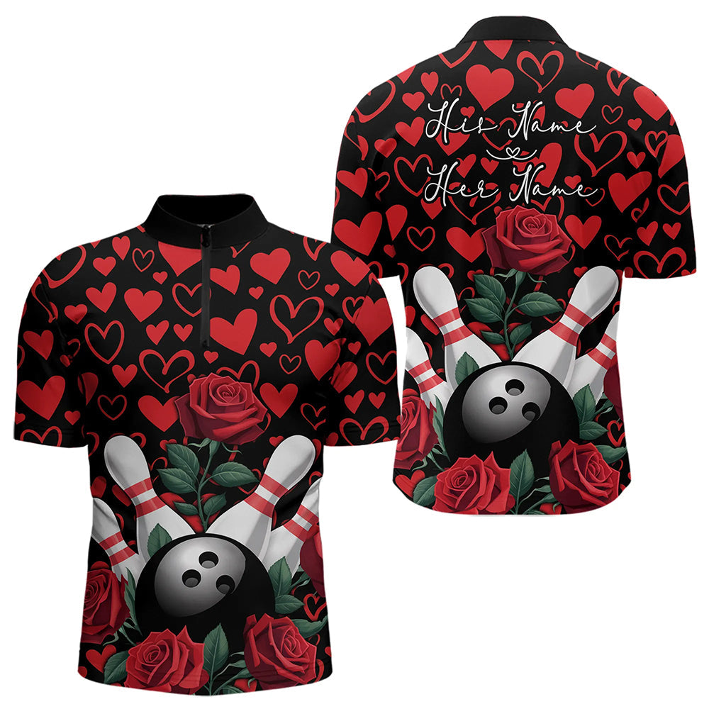 Black And Red Heart Theme Custom Valentines Bowling Quarter-Zip Shirt For Men, Couple Bowling Shirt IPHW8356