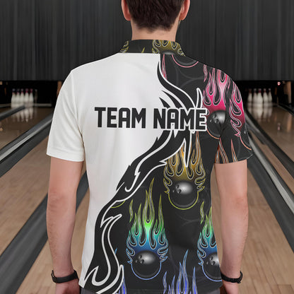 Colorful Rainbow Flame Ball Custom Bowling Team Men Polo Shirts, Fire Bowling League Shirt IPHW8865
