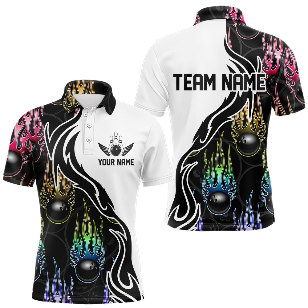 Colorful Rainbow Flame Ball Custom Bowling Team Men Polo Shirts, Fire Bowling League Shirt IPHW8865
