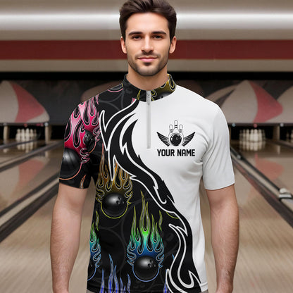 Colorful Rainbow Flame Ball Custom Bowling Team Men Quarter-Zip Shirts, Fire Bowling League Shirt IPHW8865