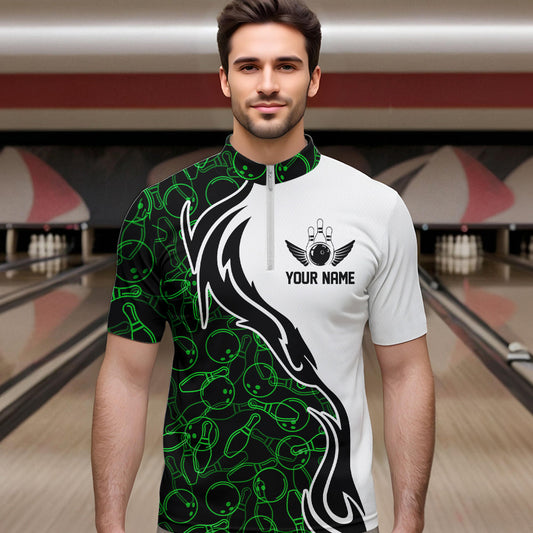 Black And Green Bowling Pattern Custom Bowling Team Men Quarter-Zip Shirts, Bowling League Shirt IPHW8867