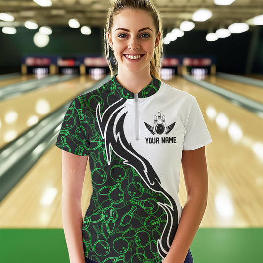 Black And Green Bowling Pattern Custom Bowling Women Quarter-Zip Shirt Bowling League Shirt IPHW8867