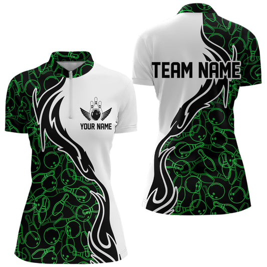 Black And Green Bowling Pattern Custom Bowling Women Quarter-Zip Shirt Bowling League Shirt IPHW8867