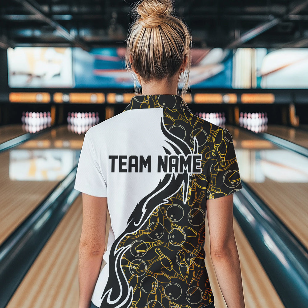 Black And Yellow Bowling Pattern Custom Bowling Team Women Polo Shirt, Bowling League Shirt IPHW8868