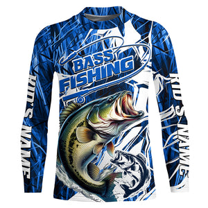 Personalized Largemouth Bass Long Sleeve Performance Fishing Shirts, Bass Fishing Jersey | Blue Camo IPHW6364