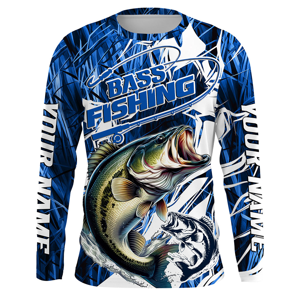 Personalized Largemouth Bass Long Sleeve Performance Fishing Shirts, Bass Fishing Jersey | Blue Camo IPHW6364