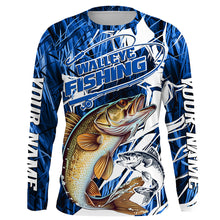 Load image into Gallery viewer, Personalized Walleye Long Sleeve Performance Fishing Shirts, Walleye Fishing Jerseys | Blue Camo IPHW6366