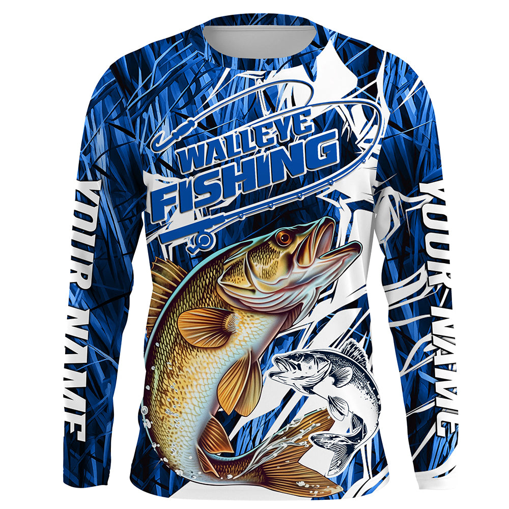 Personalized Walleye Long Sleeve Performance Fishing Shirts, Walleye Fishing Jerseys | Blue Camo IPHW6366