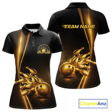 Load image into Gallery viewer, Front and back view of a womens black polo shirt mockup featuring a golden bowling ball and pins design with elegant sporty styling.