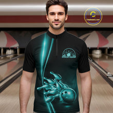 Load image into Gallery viewer, Custom Black And Turquoise Blue Bowling Men Quarter-Zip Shirt, Bowling Tournament Shirt Outfit IPHW11249