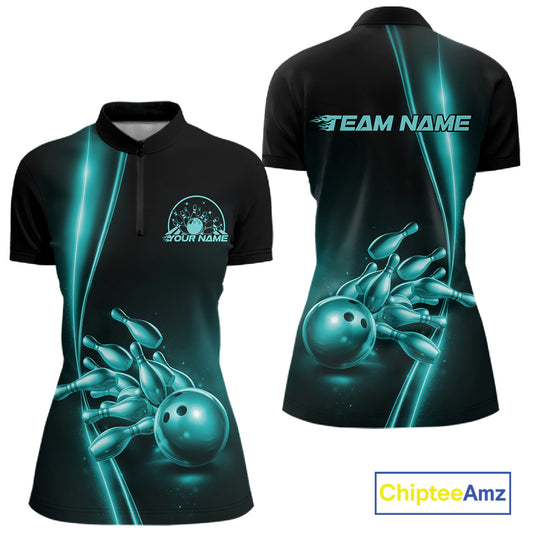 Front and back view of a womens black bowling quarter-zip shirt mockup featuring a turquoise blue bowling ball and pins design with clean sporty styling.