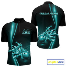 Load image into Gallery viewer, Custom Black And Turquoise Blue Bowling Men Quarter-Zip Shirt, Bowling Tournament Shirt Outfit IPHW11249