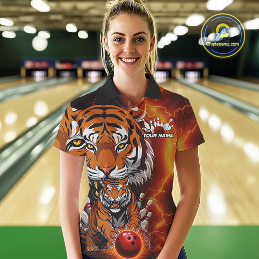 Custom Thunder Lightning Tiger Bowling Polo Shirts For Women, Bowling Team Outfit IPHW9093