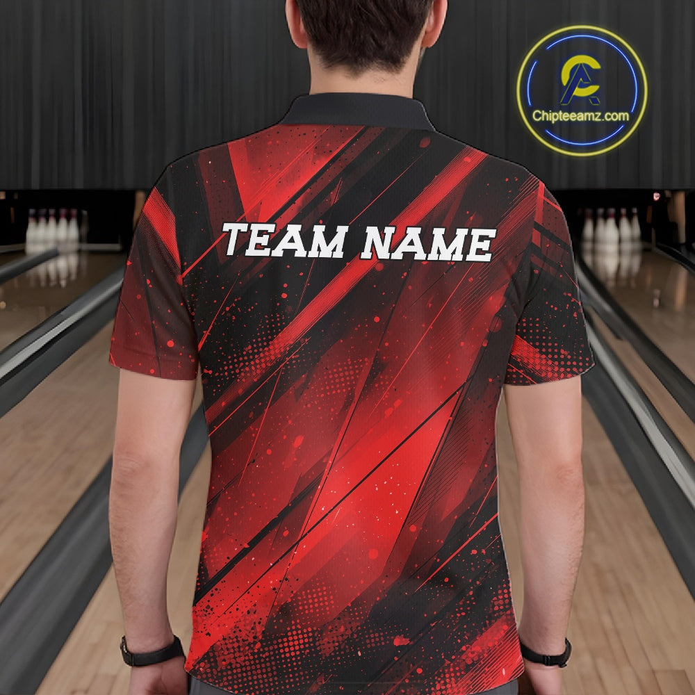 Person wearing a red and black bowling shirt with 'TEAM NAME' on a bowling alley background