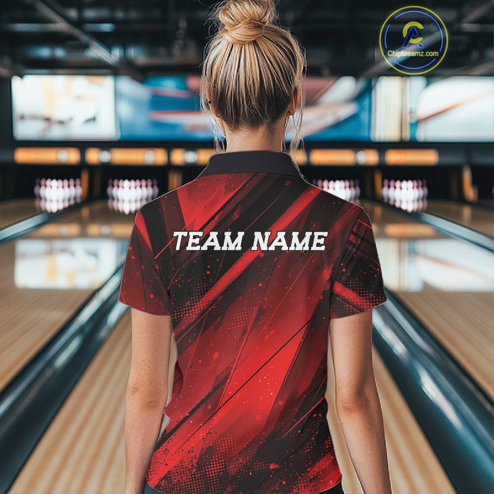 Person wearing a red and black bowling shirt with 'TEAM NAME' text in a bowling alley.