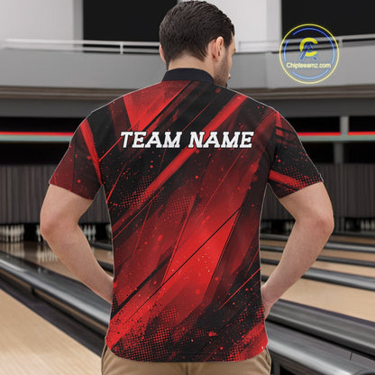 Person wearing a red and black bowling shirt with 'TEAM NAME' text at a bowling alley.