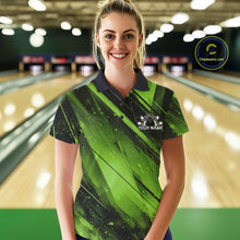 Load image into Gallery viewer, Woman wearing a green and black bowling shirt with a logo in a bowling alley.