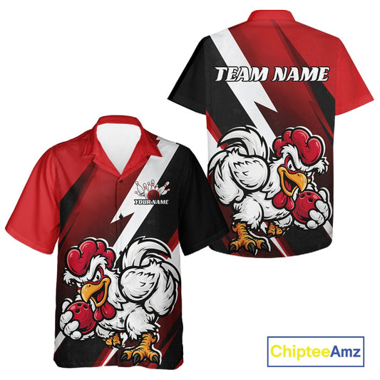 Custom short-sleeve button up shirt shown from both front and back, featuring a red, black, and white diagonal graphic design with cartoon rooster illustrations and text placeholders 'TEAM NAME' 