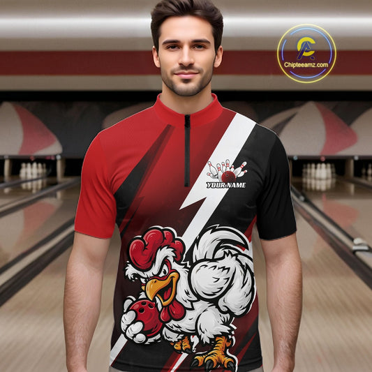A man wearing a custom short-sleeve bowling jersey with a red, black, and white design featuring a cartoon rooster mascot and the text 'YOUR NAME'. The background shows bowling lanes.