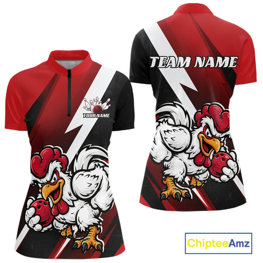 Front and back views of a short-sleeve athletic polo shirt with a red, black, and white graphic design featuring a cartoon rooster holding red balls. The front has a black zipper at the collar, a small custom logo area, and the back has 'TEAM NAME' printed across the shoulders.