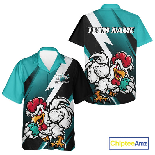 Custom short-sleeve athletic polo shirt shown from both front and back views. The shirt features a teal and black color-blocked design with white diagonal stripes and a cartoon rooster mascot holding a bowling pin.