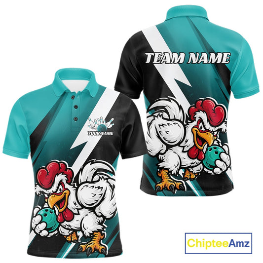 Front and back views of a custom short-sleeve polo shirt featuring a cartoon rooster mascot holding a teal bowling ball, with a black and teal background and diagonal white stripes. The front shows a white logo placeholder and the back displays 'TEAM NAME' text.