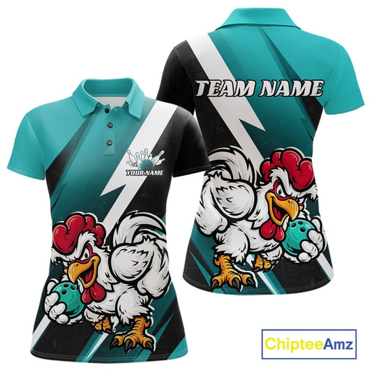 Front and back views of a teal, black, and white short-sleeve polo shirt featuring a cartoon rooster graphic and customizable text 'TEAM NAME' and 'YOURNAME'.