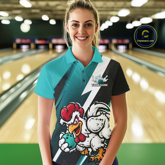 A woman stands in a bowling alley wearing a short-sleeve polo shirt with a teal, black, and white graphic design featuring cartoon chickens and a bowling ball. A circular 'Chiplessenz.