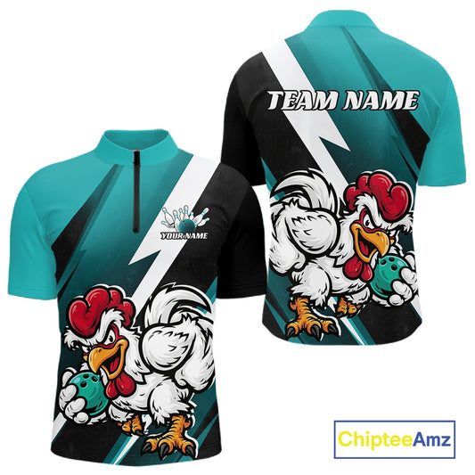 Front and back views of a short-sleeve athletic jersey with a teal-to-black gradient, white lightning-bolt graphic, and large cartoon rooster mascot holding a bowling ball. The front has a mock neck, short sleeves, and a partial front zipper.