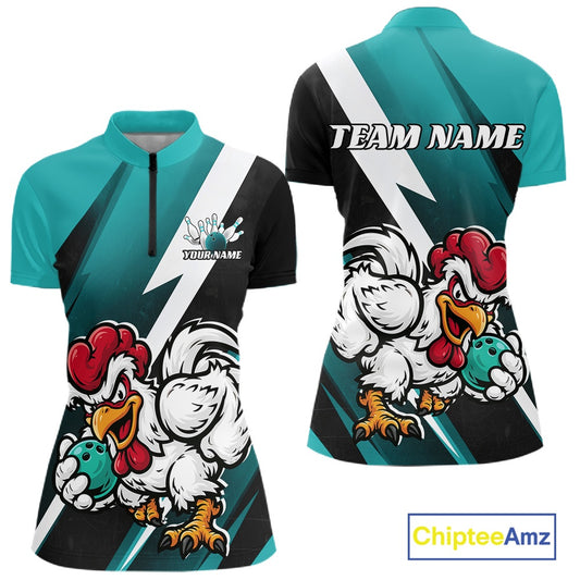 Front and back views of a short-sleeve athletic polo shirt with a teal, black, and white geometric design, featuring a cartoon rooster mascot holding a bowling ball and customizable text areas.