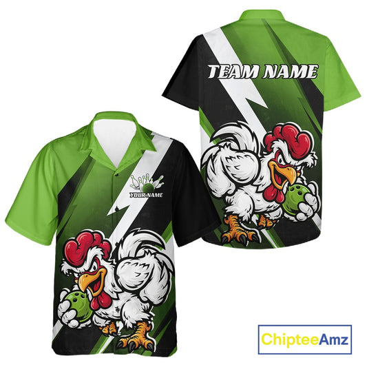 Custom short-sleeve athletic polo shirt shown from both front and back views. The shirt features a green and black diagonal split design with a cartoon white rooster mascot holding a green bowling pin, and customizable text areas reading 'TEAM NAME' on the back and a logo on the front chest.