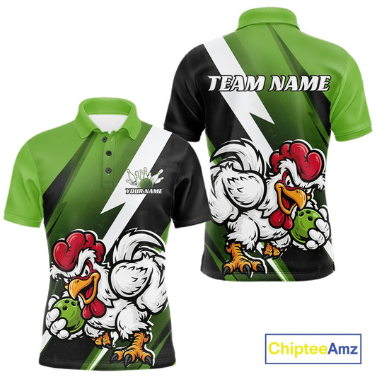Customizable short-sleeve polo shirt shown from both front and back views. The shirt features a green and black diagonal graphic pattern with white lightning bolts and a cartoon rooster mascot holding a green bowling ball.