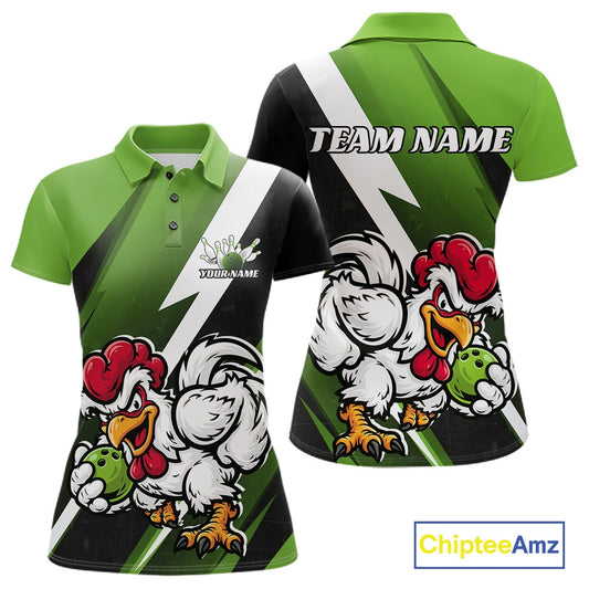 Front and back views of a green, black, and white short-sleeve polo shirt featuring a cartoon rooster graphic and customizable text 'TEAM NAME' and 'YOURNAME'.