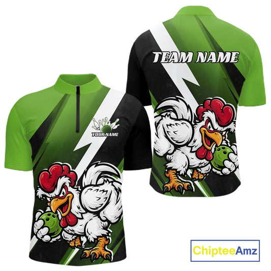 A short-sleeve athletic jersey shown from both front and back on a white background. The design features a green-to-black gradient with white lightning-bolt graphics and a large cartoon rooster holding a green and white bowling ball.