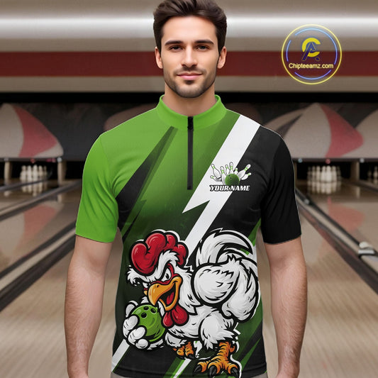 A man wearing a custom bowling jersey with a green, black, and white graphic design featuring a cartoon rooster mascot. The jersey has a black front zipper and a white script logo on the chest.