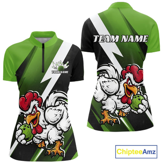 Front and back views of a short-sleeve athletic polo shirt with a green and black graphic design featuring cartoon rooster illustrations, white lightning bolts, and customizable text areas including 'TEAM NAME' and 'YOUR NAME'.