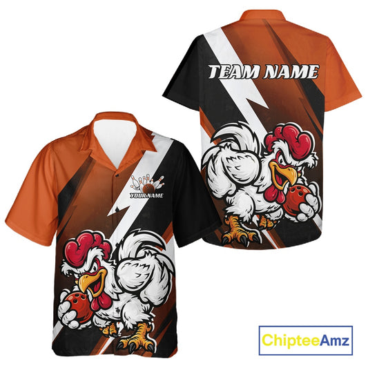 Customizable short-sleeve athletic-style shirt shown in front and back views, featuring an orange collar and sleeves, black and white diagonal panels, and a large cartoon rooster graphic holding a red ball. The back has 'TEAM NAME' text placeholder.