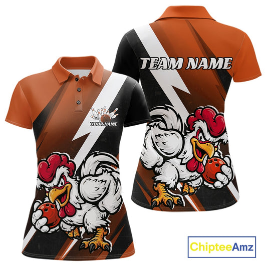 Front and back views of a custom short-sleeve polo shirt featuring a cartoon rooster mascot design, lightning bolt graphics, and placeholder text 'TEAM NAME' and 'YOUR NAME'.