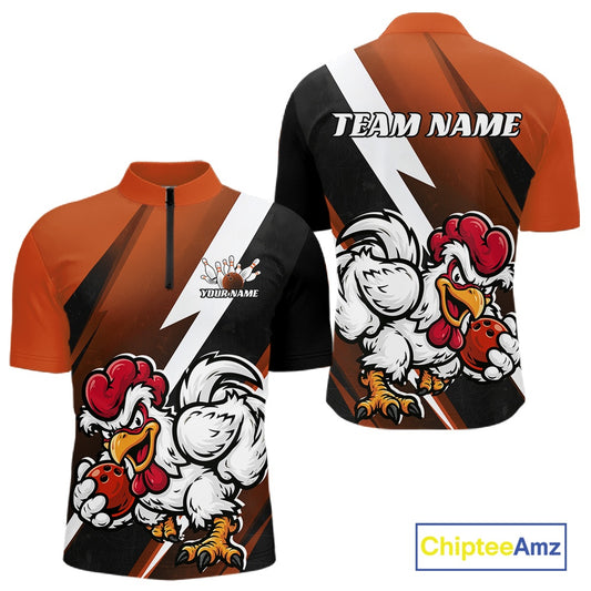 Custom short-sleeve athletic jersey shown from front and back on a white background. The jersey features a black and orange gradient with white lightning bolt graphics and a cartoon rooster mascot holding a red bowling ball.