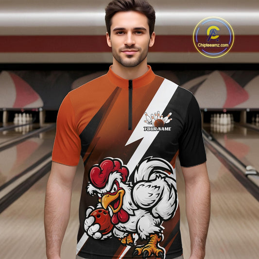 A man wearing a short-sleeve bowling jersey with a bold graphic design. The jersey features a diagonal split of orange on the left and black on the right, divided by a white stripe.