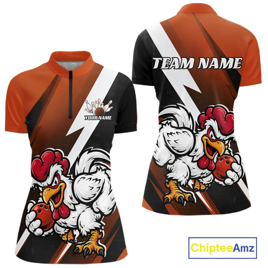 Front and back views of a short-sleeve athletic jersey with a cartoon rooster mascot design, orange and black gradient body, white lightning bolt graphics, and customizable text areas including 'TEAM NAME' and 'YOUR NAME'.