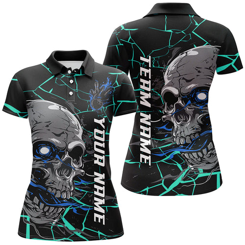 Custom Blue Halloween Skull Bowling Shirts For Women, Outfit Bowling For Team IPHW7096